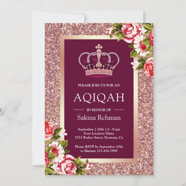 Rose Gold Glitter Princess Pink Floral Aqiqah Invitation (Front)