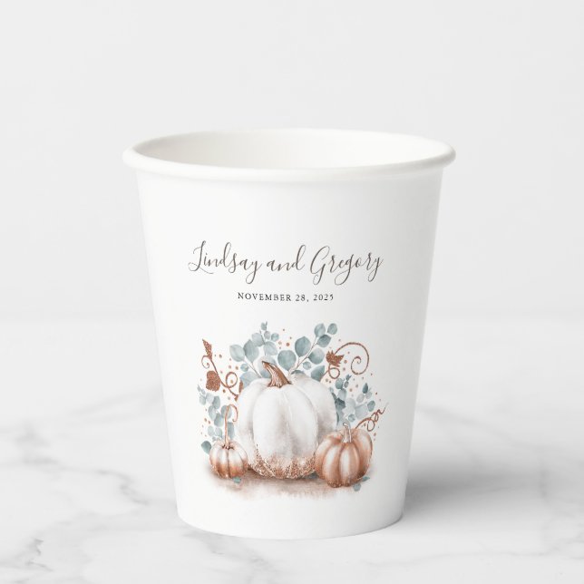 Rose Gold Glitter Pumpkin Elegant Fall Celebration Paper Cups (Front)