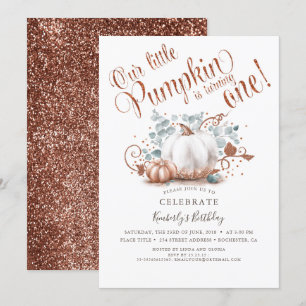 Rose Gold Glitter Pumpkin Fall 1st Birthday Invitation