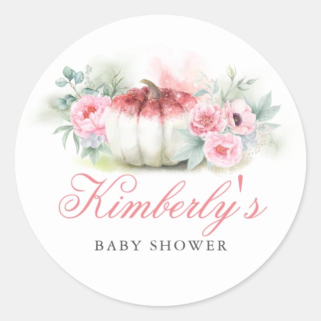 Rose Gold Glitter Pumpkin Fall Baby Shower Classic Round Sticker (Front)