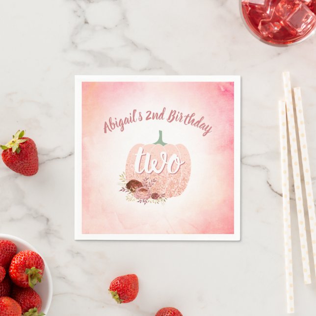 Rose Gold Glitter Pumpkin Girls 2nd Birthday Party Napkin (Insitu)