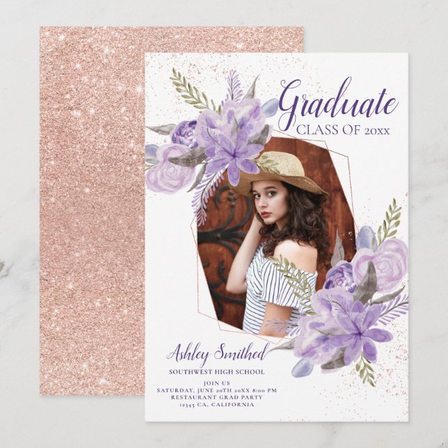 Rose gold glitter purple floral photo graduation invitation (Front/Back)