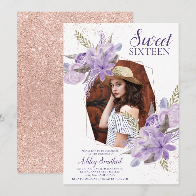 Rose gold glitter purple floral photo Sweet 16 Invitation (Front/Back)