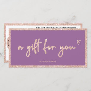 Rose Gold glitter purple logo gift certificate