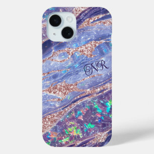 Rose Gold Glitter Purple Opal Gem Marble Monogram iPhone 15 Case
