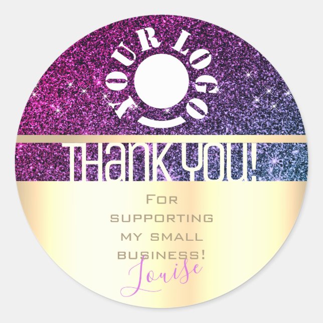 Rose Gold Glitter Purple Pink Ombre Thank You Logo Classic Round Sticker (Front)