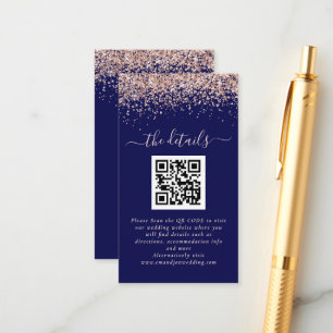 Rose Gold Glitter QR Code Navy Wedding Details Enclosure Card