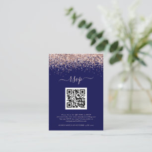 Rose Gold Glitter QR Code Wedding Navy Blush RSVP Enclosure Card