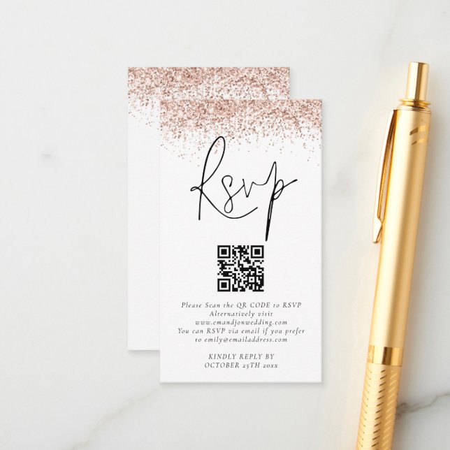 Rose Gold Glitter QR Code Wedding RSVP Enclosure Card (Front/Back In Situ)