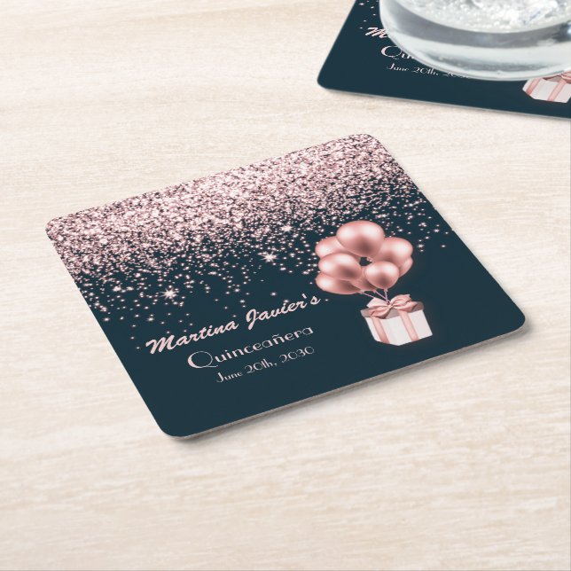 Rose Gold Glitter Quinceañera15th Birthday Balloon Square Paper Coaster (Angled)