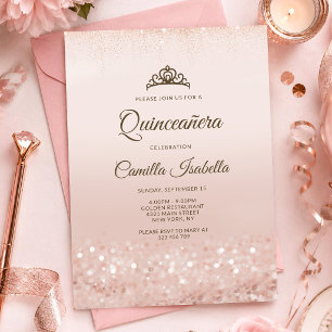 Rose Gold Glitter Quinceañera Invitation Card