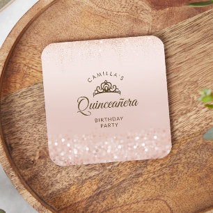 Rose Gold Glitter Quinceañera Square Paper Coaster