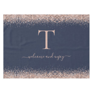 Rose Gold Glitter Quote Monogram Initial Navy Blue Tablecloth