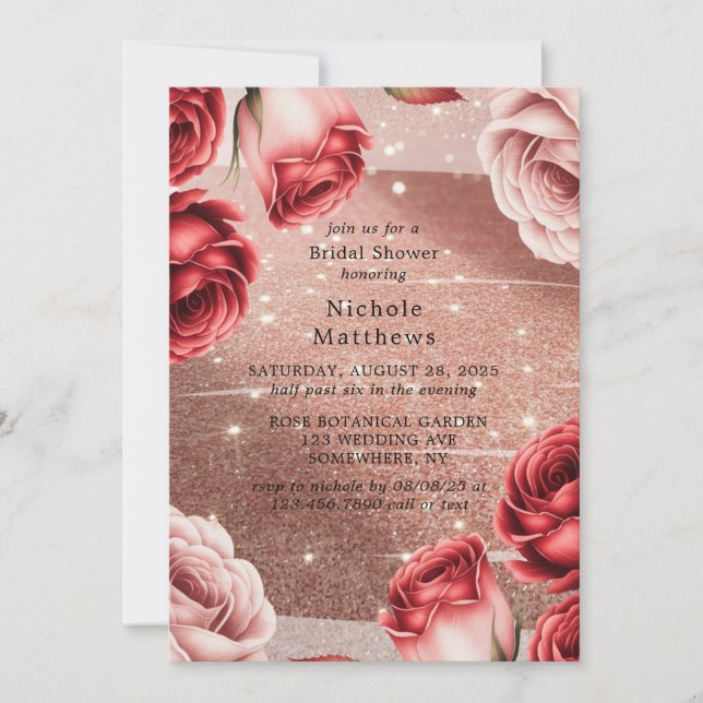 Rose Gold Glitter & Red Roses Bridal Shower Invitation (Front)