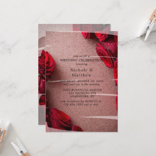 Rose Gold Glitter & Red Roses Wedding Celebration Invitation
