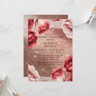 Rose Gold Glitter & Red Roses Wedding Celebration Invitation