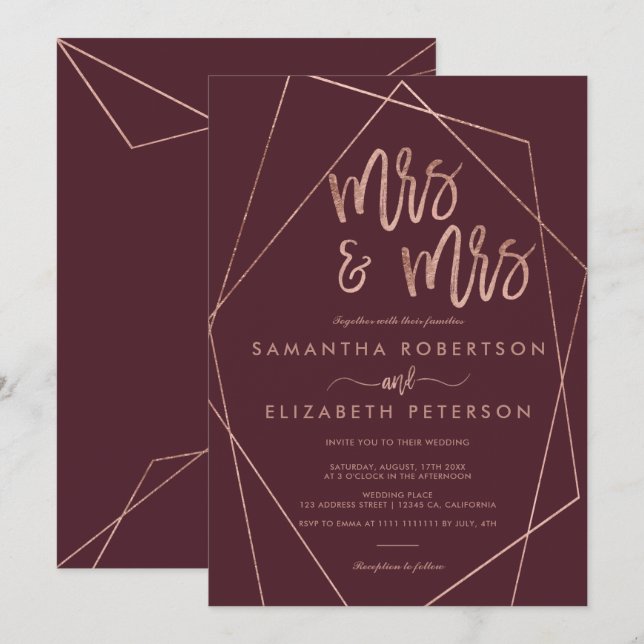 Rose gold glitter red terrarium lesbian wedding invitation (Front/Back)