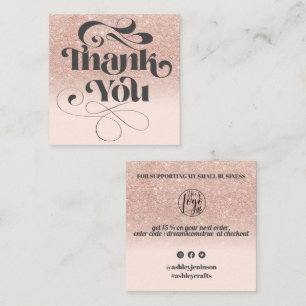 Rose gold glitter retro script order thank you square business card