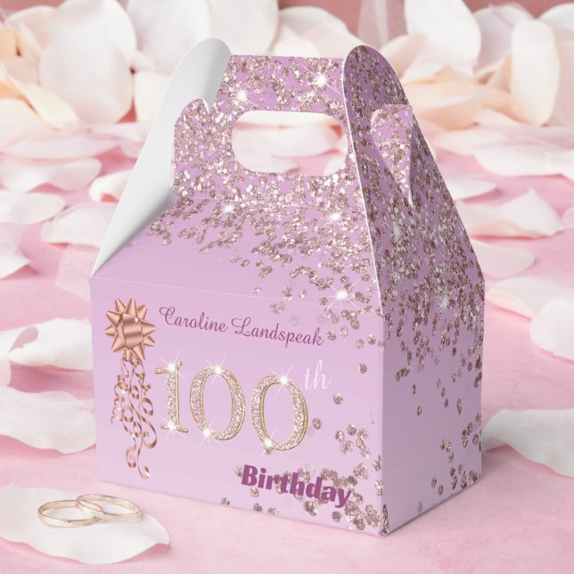 Rose Gold Glitter & Ribbon 100th Birthday Favour Box (Wedding)