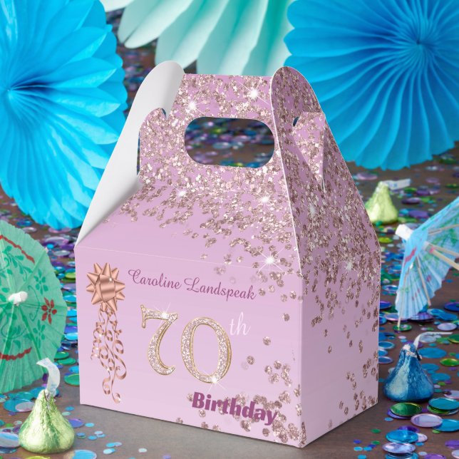 Rose Gold Glitter & Ribbon 70th Birthday Favour Box (Party)
