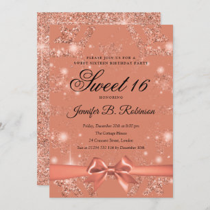 Rose Gold Glitter & Ribbon Winter Sweet 16 Invitation