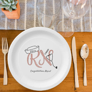 Rose Gold glitter RN graduation pinning party deco Paper Plate