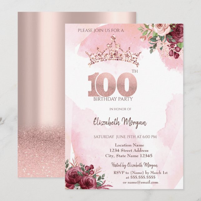  Rose Gold Glitter Roses Crown 100th Birthday  Invitation (Front/Back)