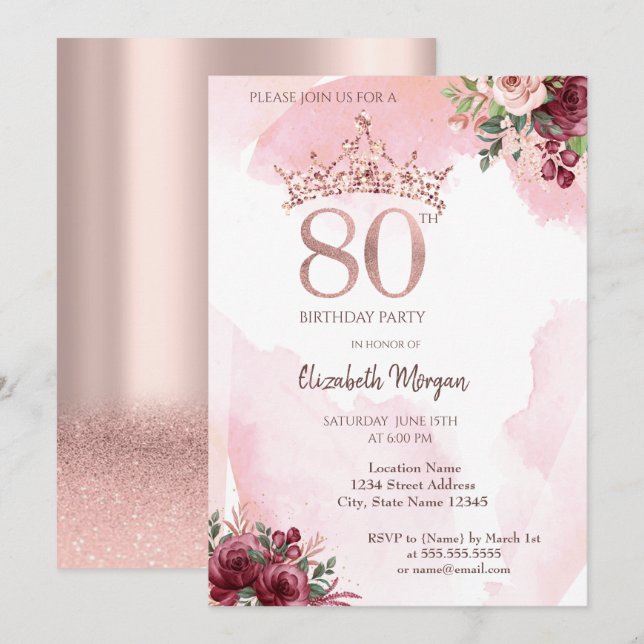  Rose Gold Glitter Roses Crown 80th Birthday Party Invitation (Front/Back)
