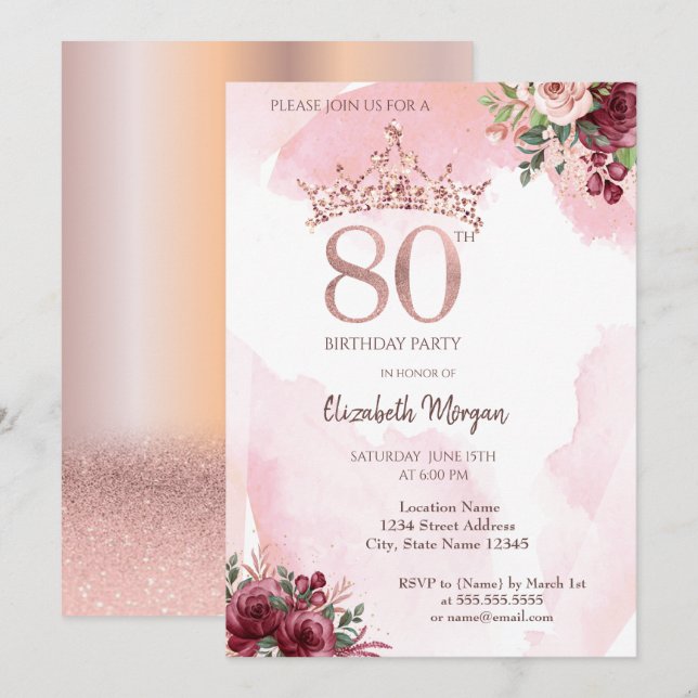  Rose Gold Glitter Roses Crown 80th Birthday Party Invitation (Front/Back)