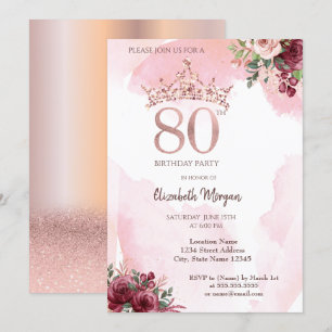 Rose Gold Glitter Roses Crown 80th Birthday Party Invitation