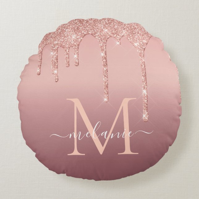 Rose Gold Glitter Round Pillow Custom Letter Name (Front)