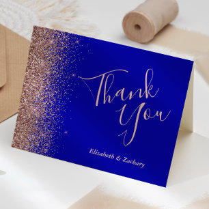 Rose Gold Glitter Royal Blue Wedding Thank You Card