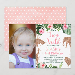Rose Gold Glitter Safari Photo Two Wild Birthday Invitation