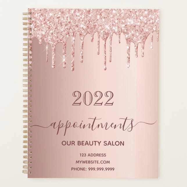 Rose gold glitter salon appointments 2026 business planner (Front)