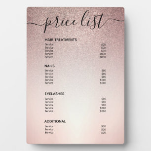 Rose Gold Glitter Salon Price List Service Menu Plaque