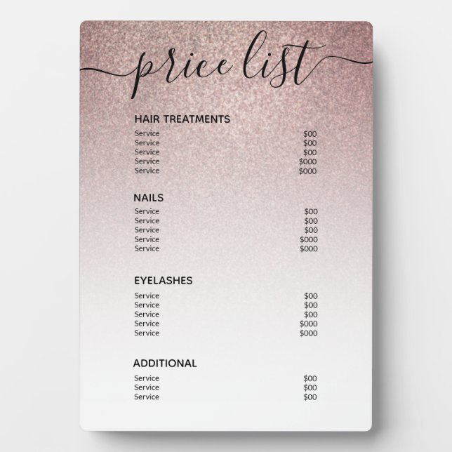 Rose Gold Glitter Salon Price List Service Menu Plaque (Front)