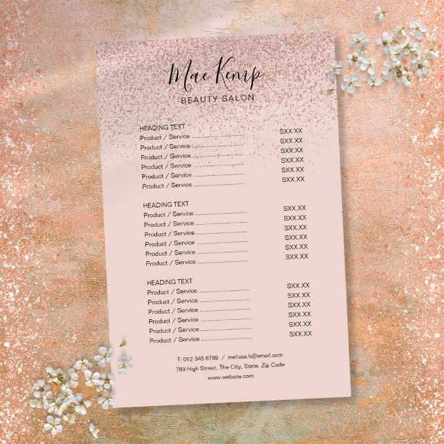 Rose Gold Glitter Salon Service Menu (Rose Gold Glitter Salon Service Menu Flyer)