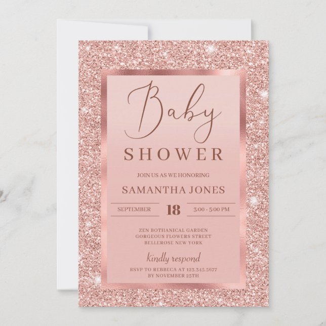Rose gold glitter sarkles foil girl baby shower invitation (Front)