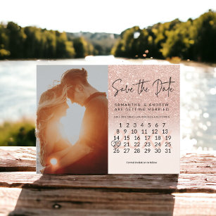 Rose gold glitter save the date photo calendar announcement postcard