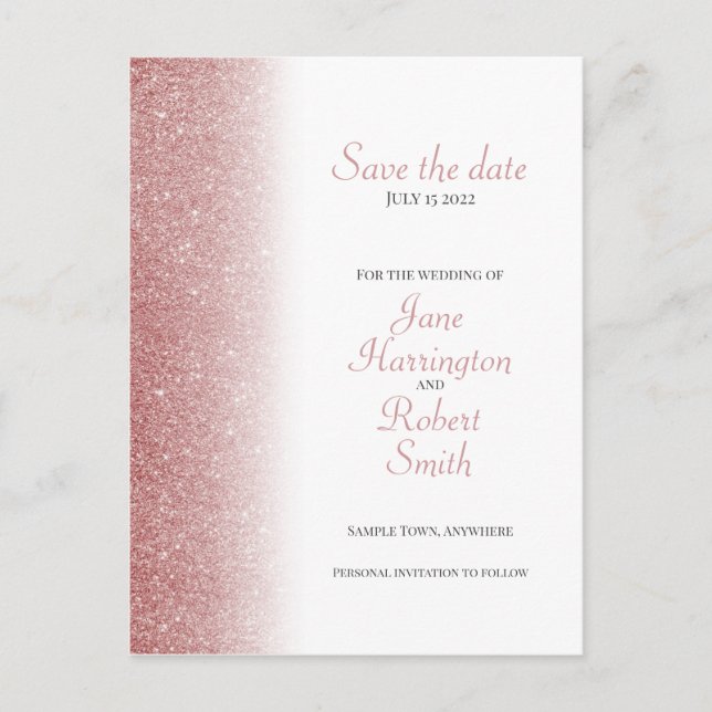 Rose Gold Glitter Save The Date Wedding Postcard (Front)
