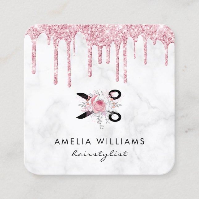 Rose gold glitter scissors floral hairstylist  square business card (Front)