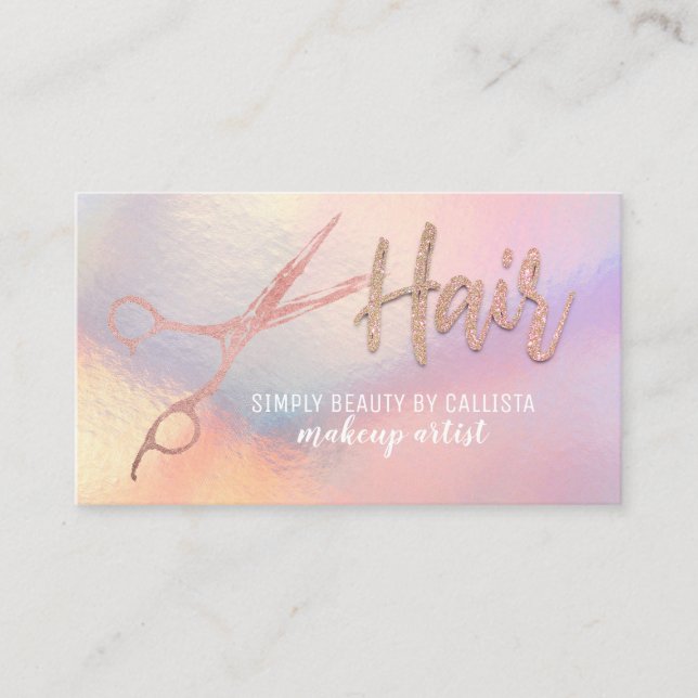 Rose Gold Glitter Scissors Iridescent Hair Stylist Business Card (Front)