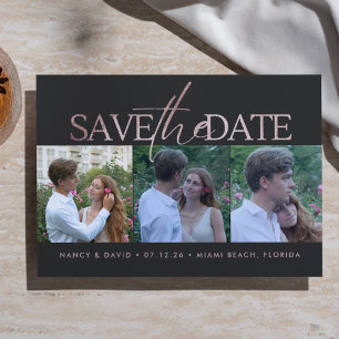 Rose Gold Glitter Script 3 Photo Collage Wedding  Save The Date