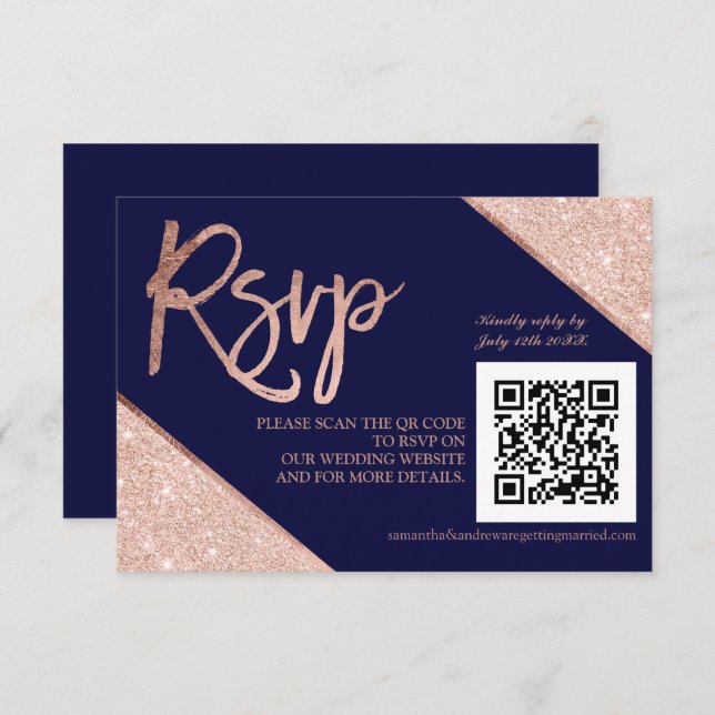 Rose gold glitter script blue QR code rsvp wedding (Front/Back)