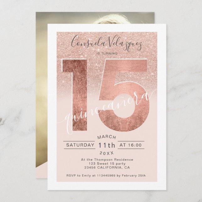 Rose gold glitter script blush quinceanera photo invitation (Front/Back)