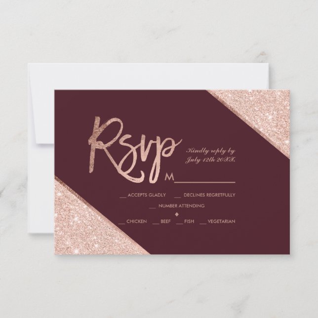 Rose gold glitter script burgundy rsvp wedding card (Front)