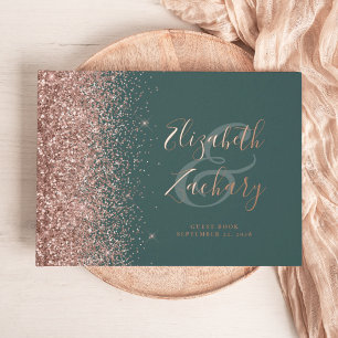 Rose Gold Glitter Script Dark Green Guest Book