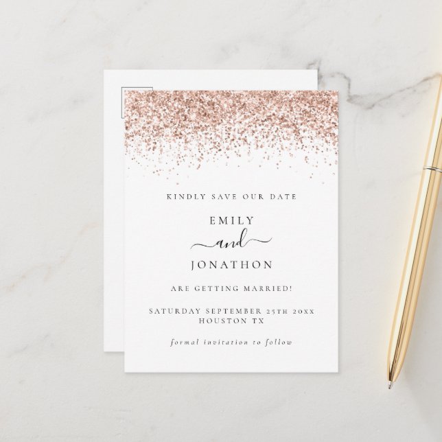 Rose Gold Glitter Script Elegant Save the Date Announcement Postcard (Front/Back In Situ)