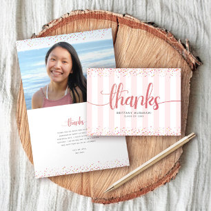 Rose gold glitter script graduation photo modern thank you card