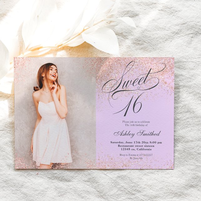 rose gold glitter script lavender photo Sweet 16 Invitation (Creator Uploaded)